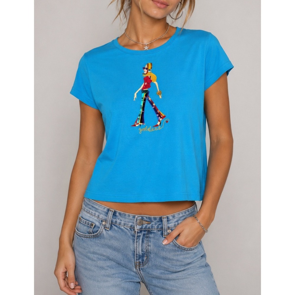 NEW Vtg Jack B Quick Turquoise Blue Sequin Beaded Goddess Graphic‎ T-Shirt M
